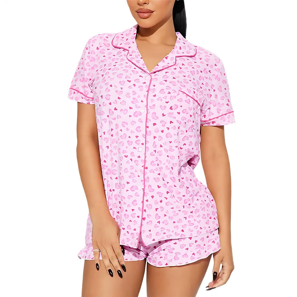 2026欧美睡衣女夏季爱心印花翻领短袖短裤两件套女士家居服pijama