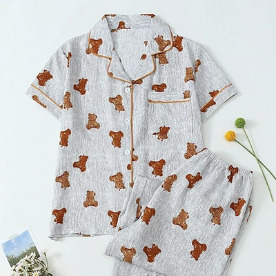 新款外贸跨境泡泡皱开衫印花睡衣女短袖长裤跨境家居服套装