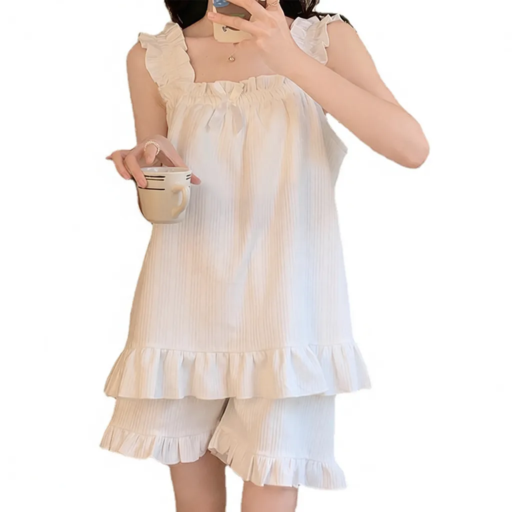 带胸垫睡衣女夏天针织棉性感吊带背心两件套夏天女士公主风家居服