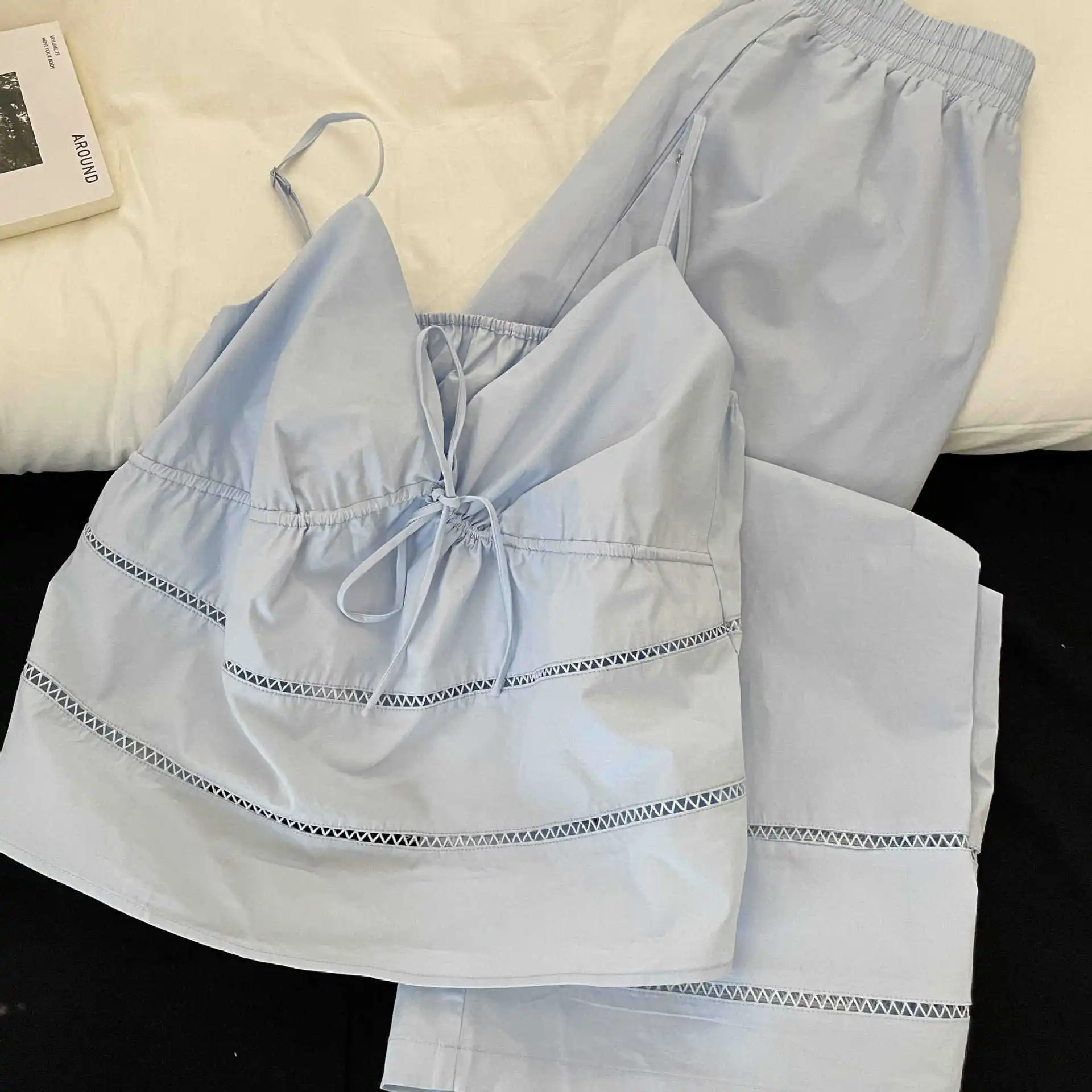 韩系纯欲镂空吊带睡衣女夏款新款舒适休闲背心长裤家居服套装