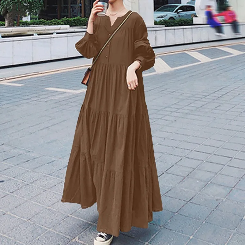跨境Temu2024女式长款大摆连衣裙秋季长袖V领荷叶边裙宽松连衣裙