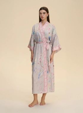 耀婷欧美跨境长袖睡衣女士长款宽松舒适和服睡袍印花家居服WP3982