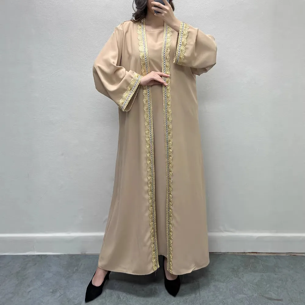 F473外贸跨境女装刺绣花边优雅宽松时尚外穿开衫长袍现货