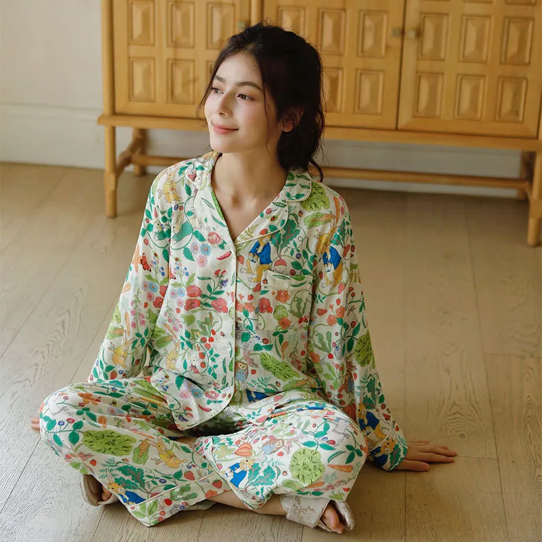 春夏爆品天竹纤维双层纱布绿叶鹅印花睡衣女式长袖家居服套装