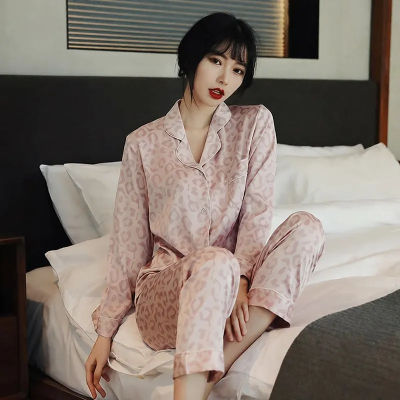新款春夏秋性感冰丝睡衣女薄款仿真丝粉色豹纹印花长袖家居服套装