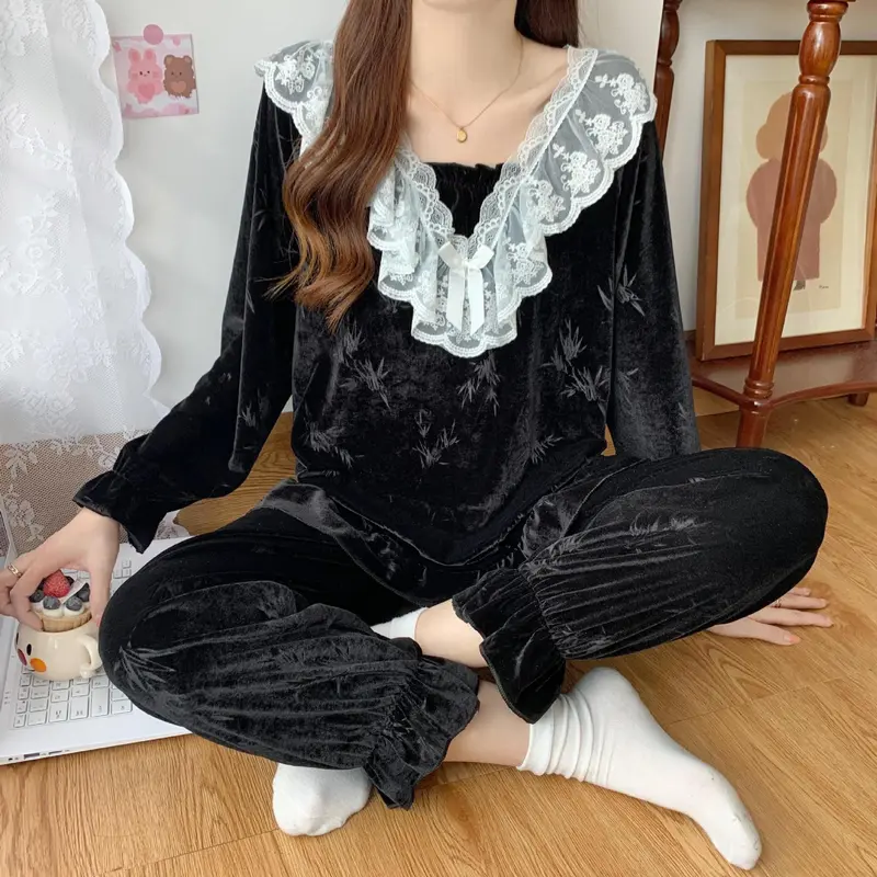 高级感韩版金丝绒睡衣ins风睡衣女秋冬季钻石绒网红两件套家居服