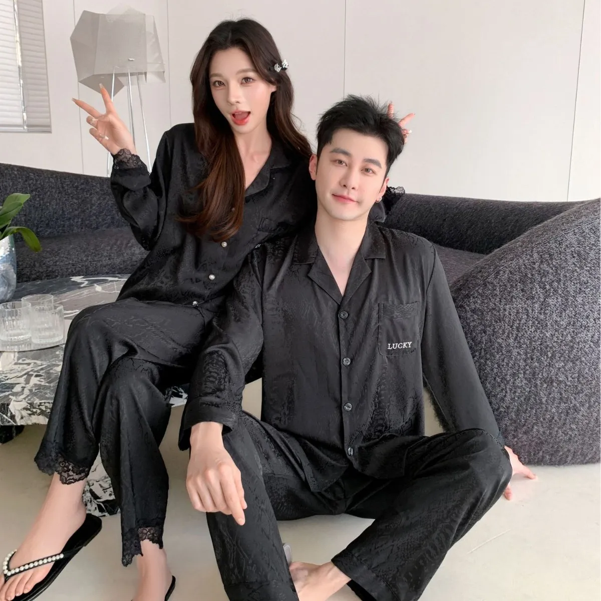 冰丝睡衣女春秋新款家居服男刺绣季轻奢套装丝绸情侣长袖TX0041