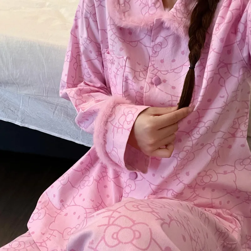 粉色kt猫睡衣女新款纯棉法兰绒秋冬长袖长裤磨毛棉家居服套装