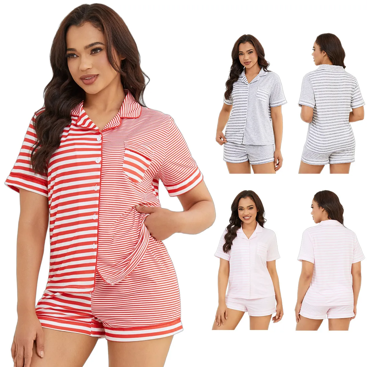 跨境欧美睡衣女款夏天条纹翻领短袖短裤女士套装家居服nightwear