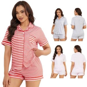 跨境欧美睡衣女款夏天条纹翻领短袖短裤女士套装家居服nightwear