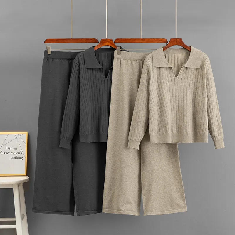 跨境俄罗斯秋冬条纹时尚休闲套装毛织宽松上衣+运动阔腿裤两件套