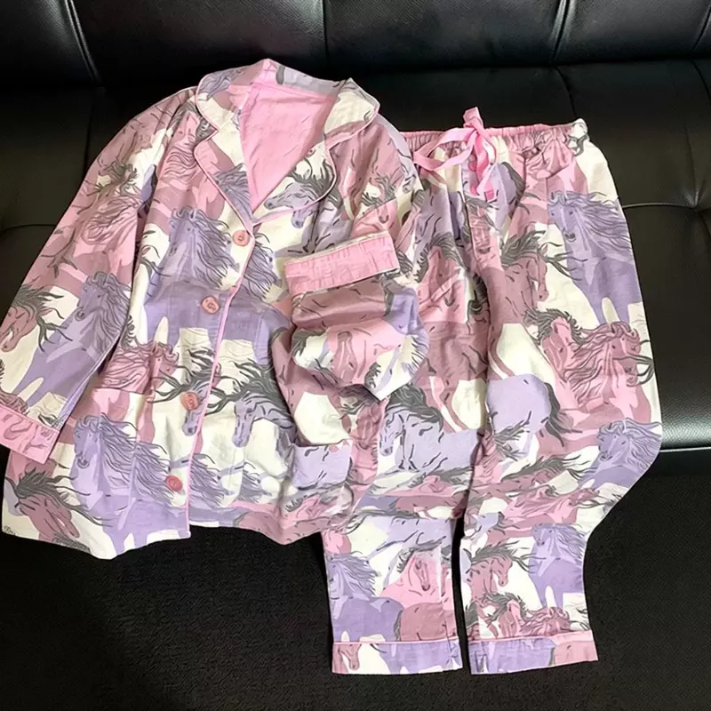 韩版可爱卡通长袖睡衣女春秋款高腰休闲长裤家居服大码套装可外穿