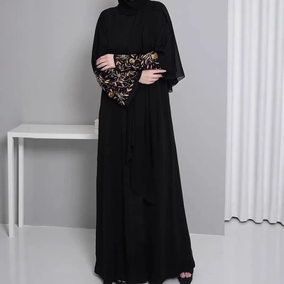 F415外贸中东迪拜女装刺绣花朵优雅开衫宽松长袍现货