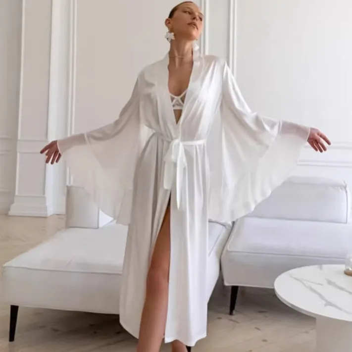 白色缎面系带长款浴袍睡袍睡衣家居服2026欧美春夏新款跨境女