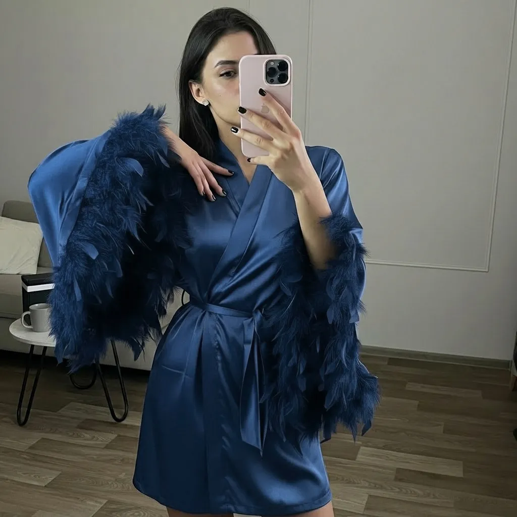2026羽毛缎面短款舒适睡衣系带睡袍欧美春夏跨境新款家居服女