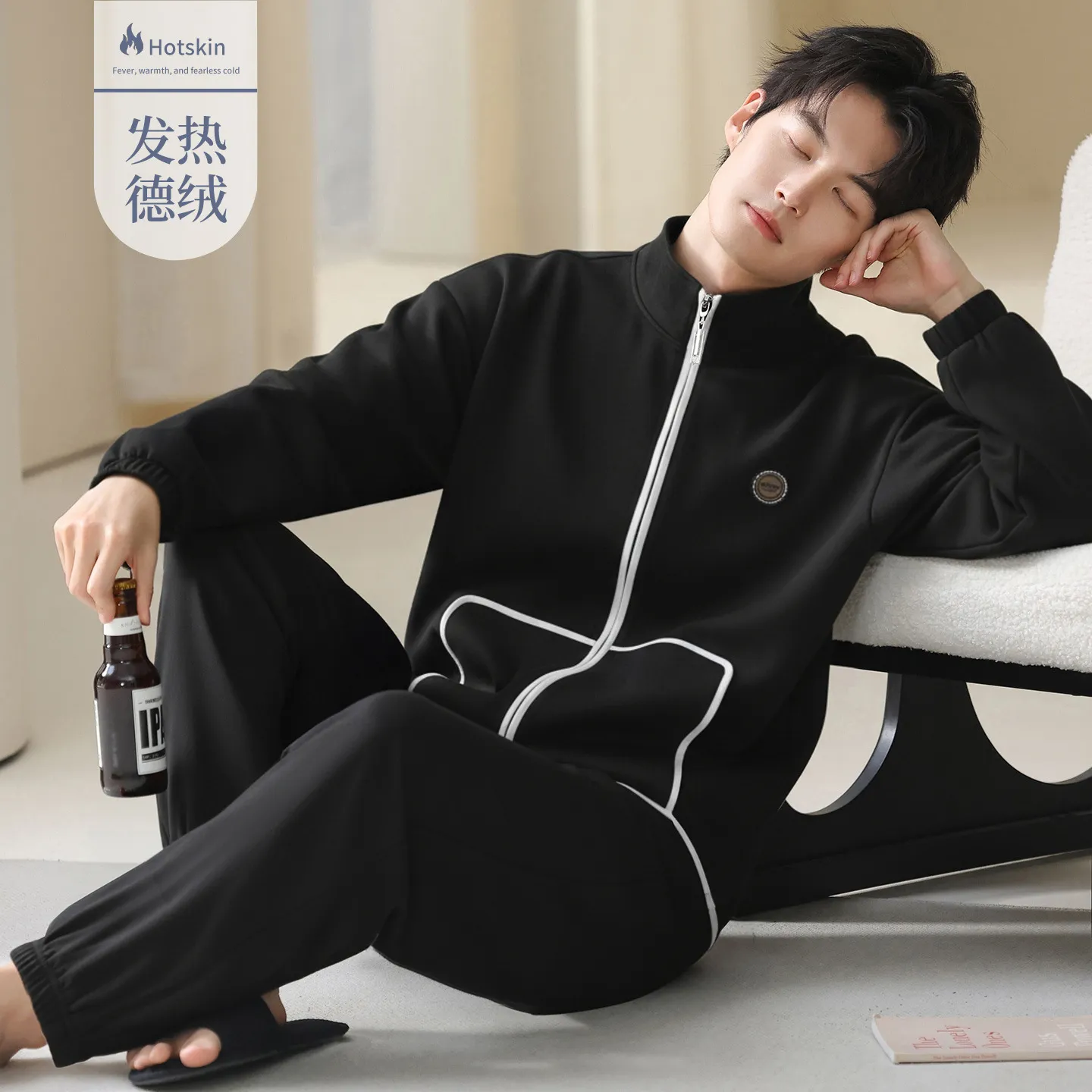 【蓄热锁温】德绒睡衣男款秋冬款简约男士保暖薄绒家居服套装冬款