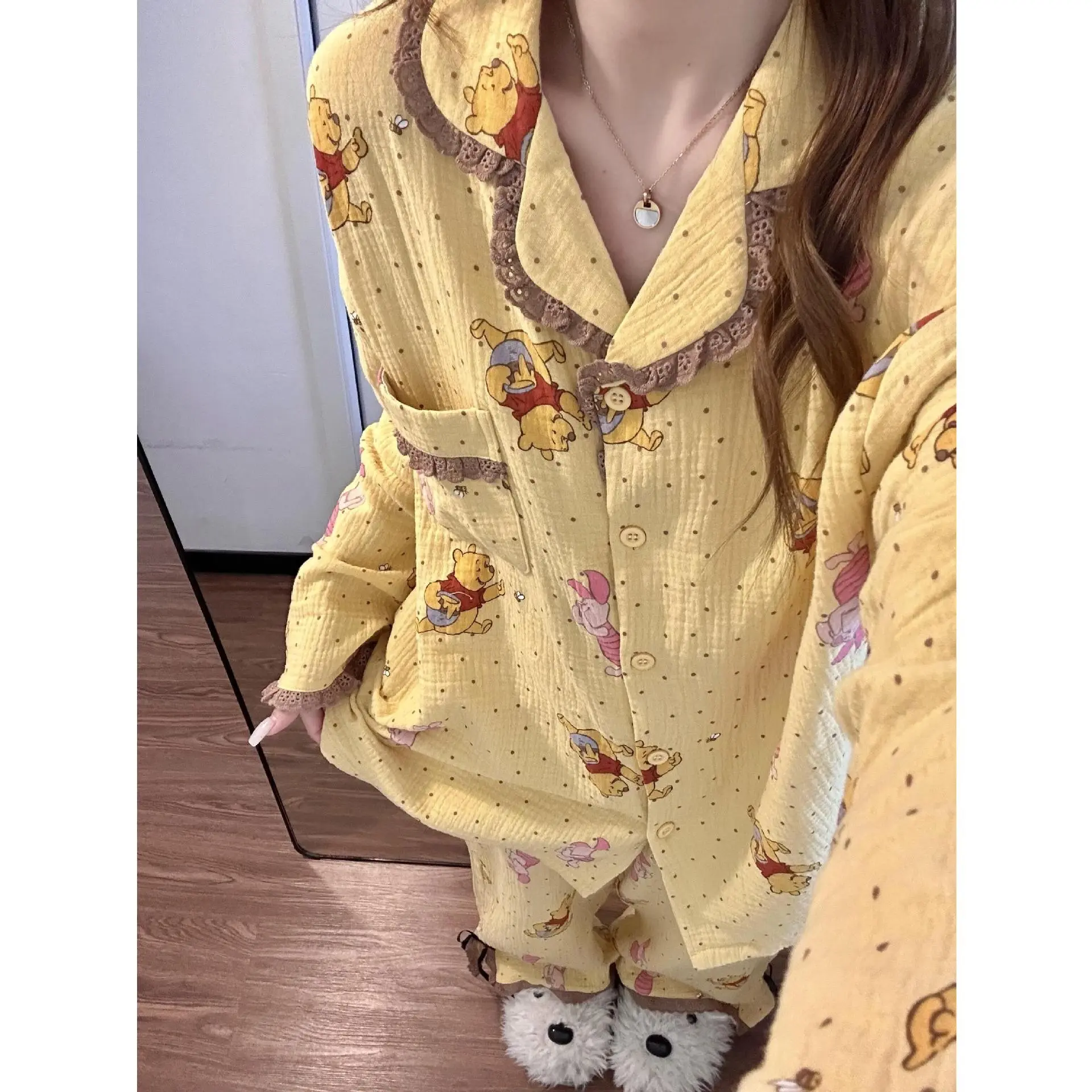 韩版软萌卡通维尼熊棉纱睡衣女春秋季新款长袖长裤家居服套装