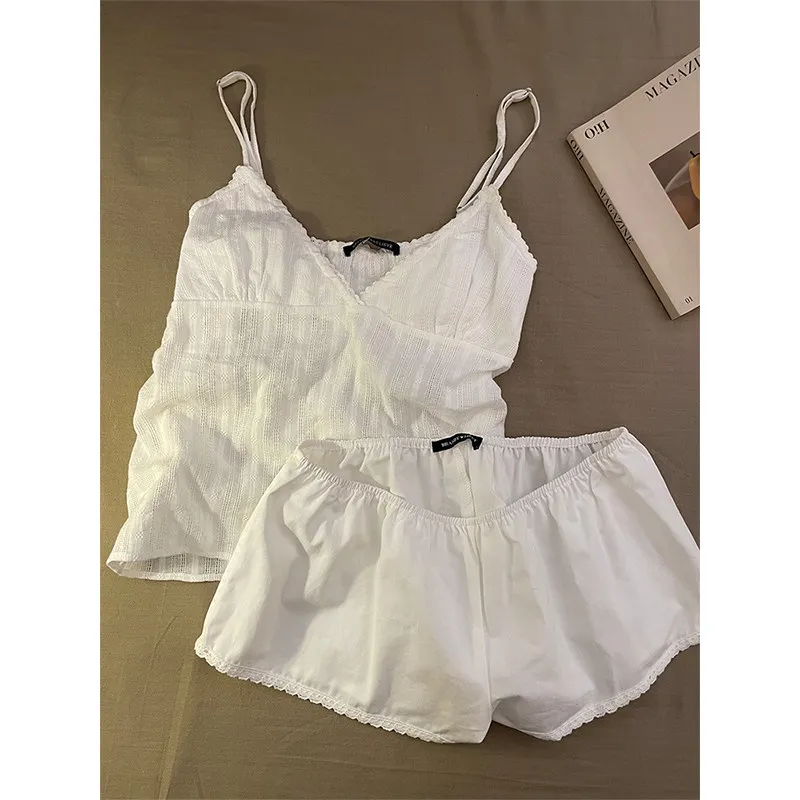 法式蕾丝花边吊带睡衣女夏季新款ins韩系简约家居服两件套装