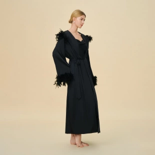 Luxury Feather Trim Hooded Robe Elegant Long Bath Loungewear