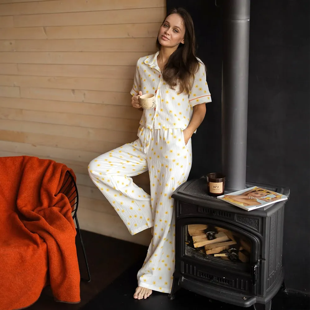 跨境短袖睡衣套装欧美2025春夏新款小雏菊印花短袖长裤睡衣两件套,女士内衣/男士内衣/家居服,睡袍/浴袍,淘宝优惠券,粉丝福利购,淘宝优惠卷