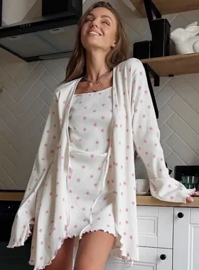 秋季欧美印花针织吊带睡裙套装女