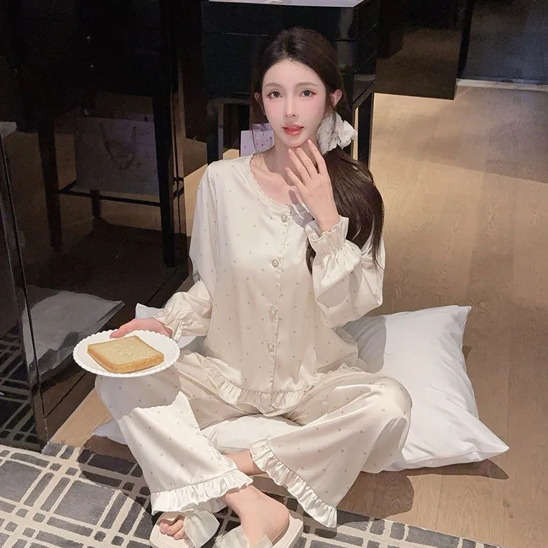春季新款提花国风睡衣长袖长裤圆点花边家居服宫廷甜美高级感睡衣