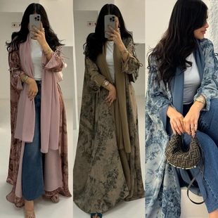 MQ181 2026夏modest时尚女装长袍雪纺印花含头巾两件套可外穿