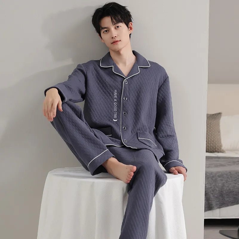 夹层加大码男士开衫睡衣M-4XL加厚保暖可外穿男生家居服空气棉男