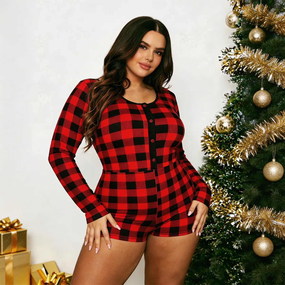 跨境大码睡衣女款圣诞新年红黑格子长袖短裤连体家居服nightwear