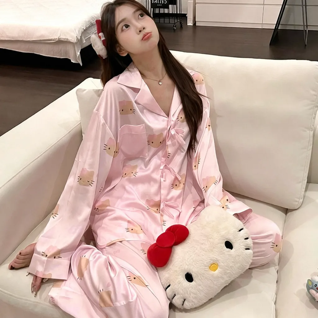 甜美凯蒂猫夏季新款长袖长裤睡衣女粉色可爱感家居服套装