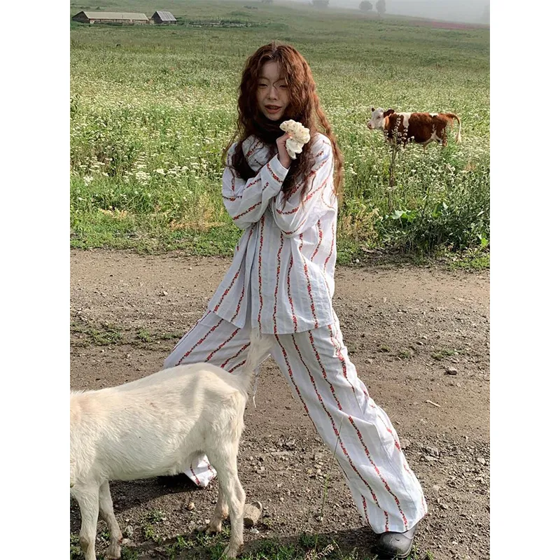 韩系女士碎花条纹长袖睡衣女款春秋高级感大码长裤家居服纯棉套装