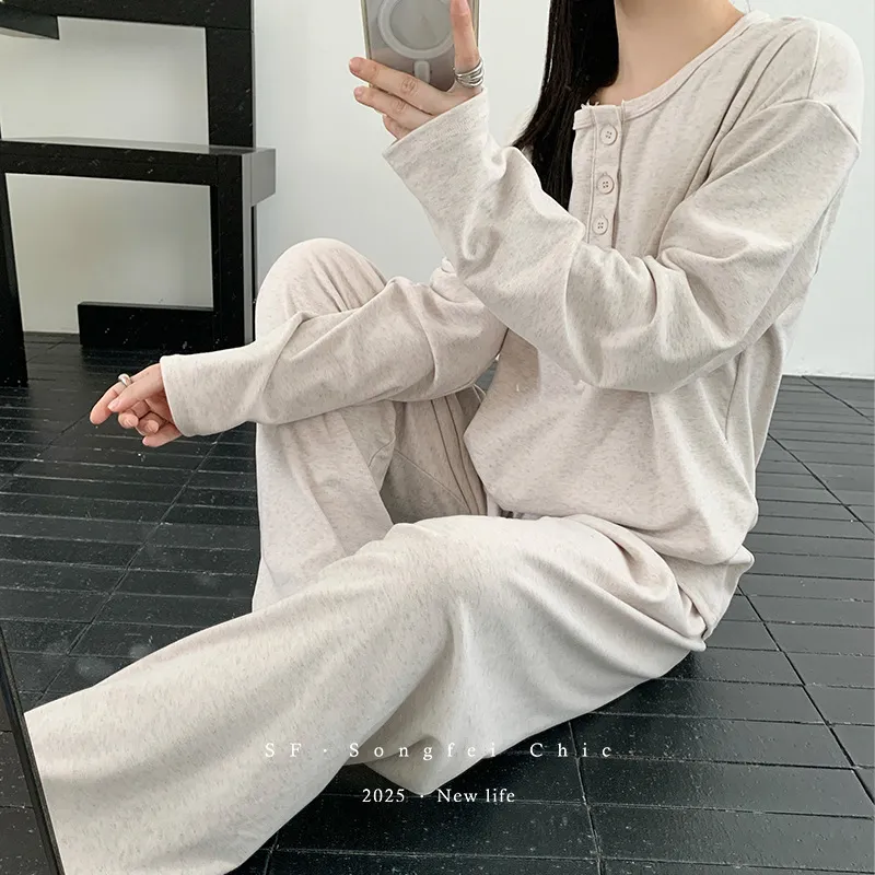 高级感亨利领秋冬磨毛睡衣女套装加厚 可外穿慵懒舒适亲肤家居服