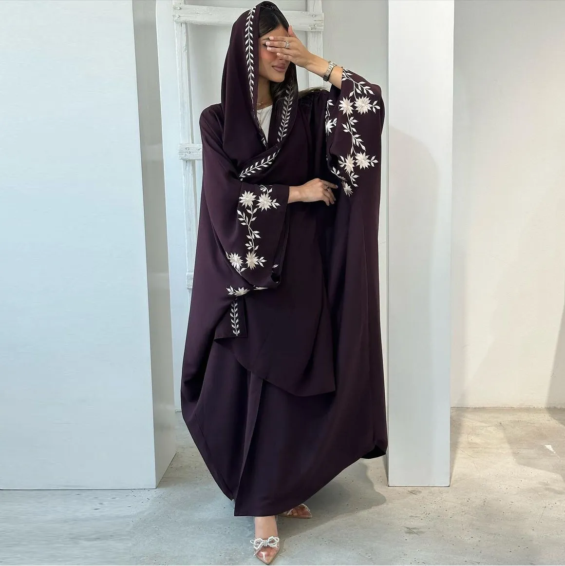 MQ154 长裙跨境女装绣花开衫女士刺绣连衣裙含头巾两件套