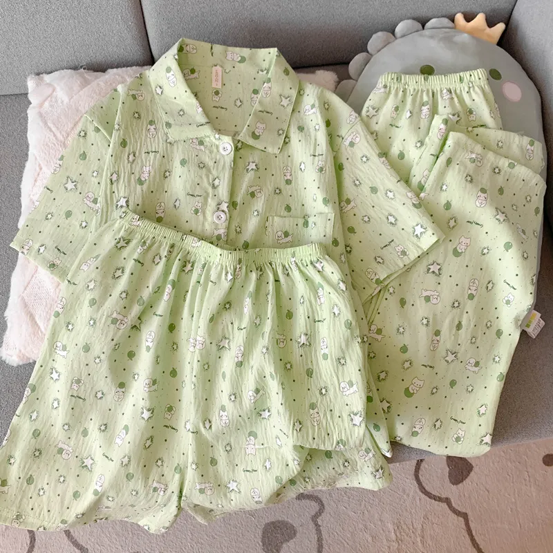 云朵纯棉纱睡衣女短袖长裤夏款三件套可爱清新小狗开衫家居服夏季