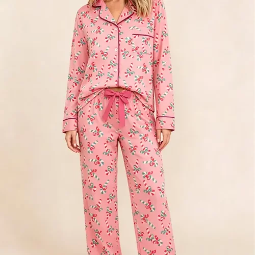 Pink Candy Cane Xmas Pajamas粉拐杖糖圣诞睡衣女长袖套装