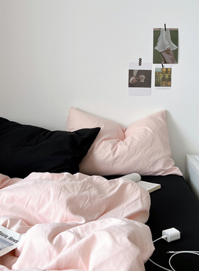 ins混搭四件套床上用品纯棉全棉床单被套纯色学生宿舍三件套床笠4