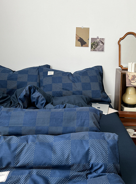 ins格子水洗棉四件套1.8床上用品被套床单床笠被罩学生宿舍三件套