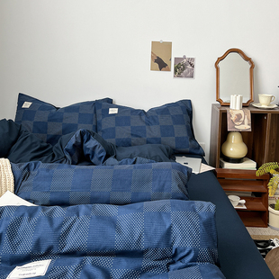 ins格子水洗棉四件套1.8床上用品被套床单床笠被罩学生宿舍三件套