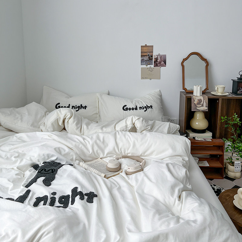 小熊毛巾绣四件套床上用品水洗棉被罩床单大学生宿舍三件套床笠款