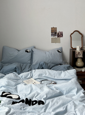 ins熊猫毛巾绣 I 四件套纯棉全棉床上用品被罩床单学生宿舍三件套