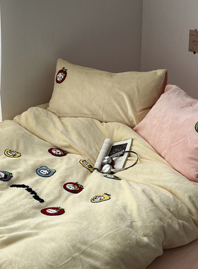 A类床上牛奶绒四件套毛巾绣加厚被套被罩床单学生宿舍三件套床笠4