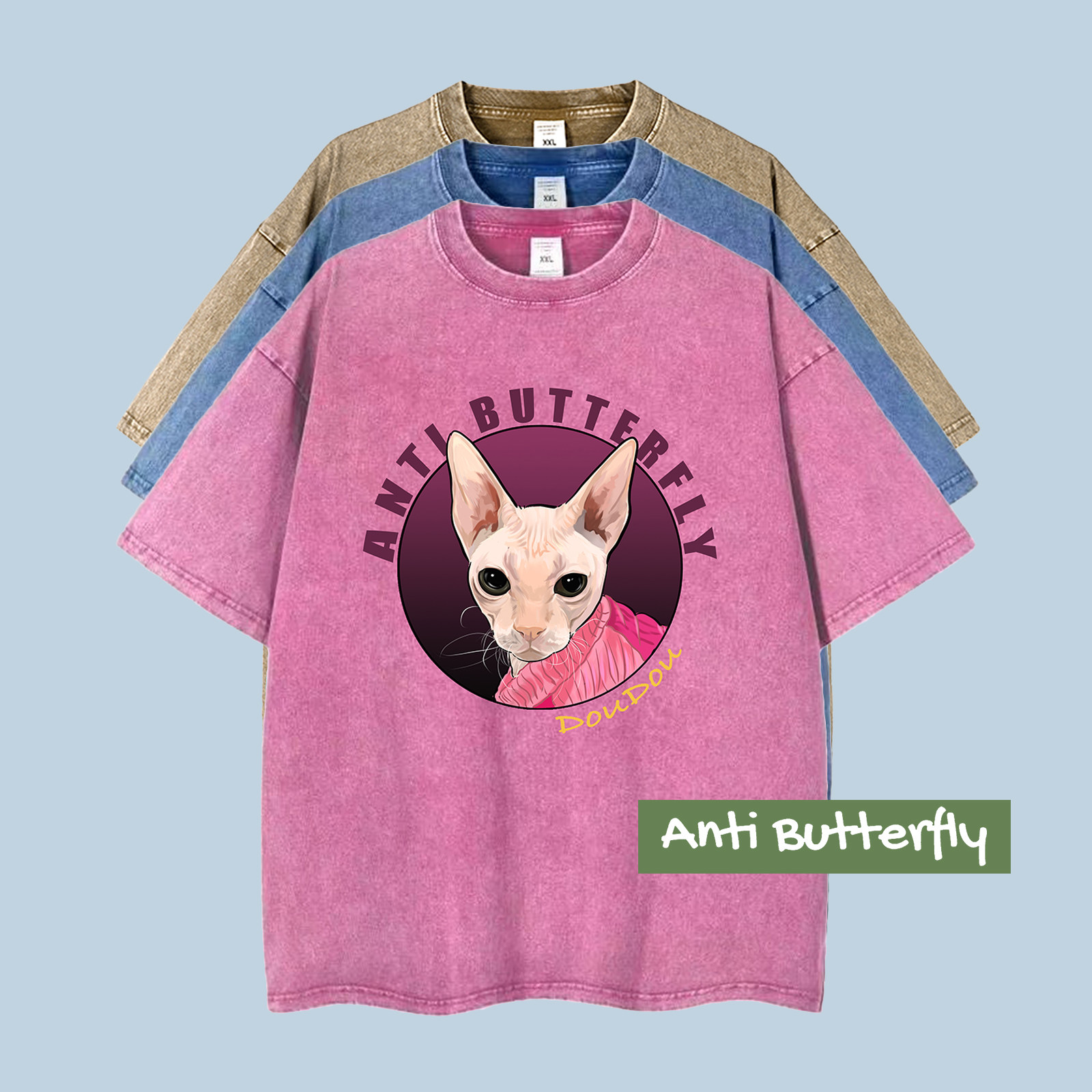 ANTI BUTTERFLY 宠物定制纯棉水洗布粉T恤情侣装来图订制短袖礼物