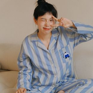 纯棉纱布40支柔软亲肤家居服 简约条纹刺绣日系情侣睡衣春秋长袖