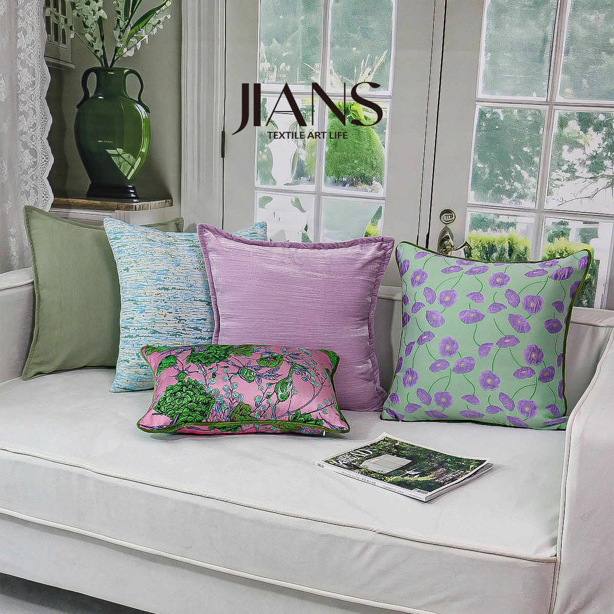紫虞法式绿色抱枕轻奢紫色美式床上靠枕套沙发客厅高级靠垫可定制