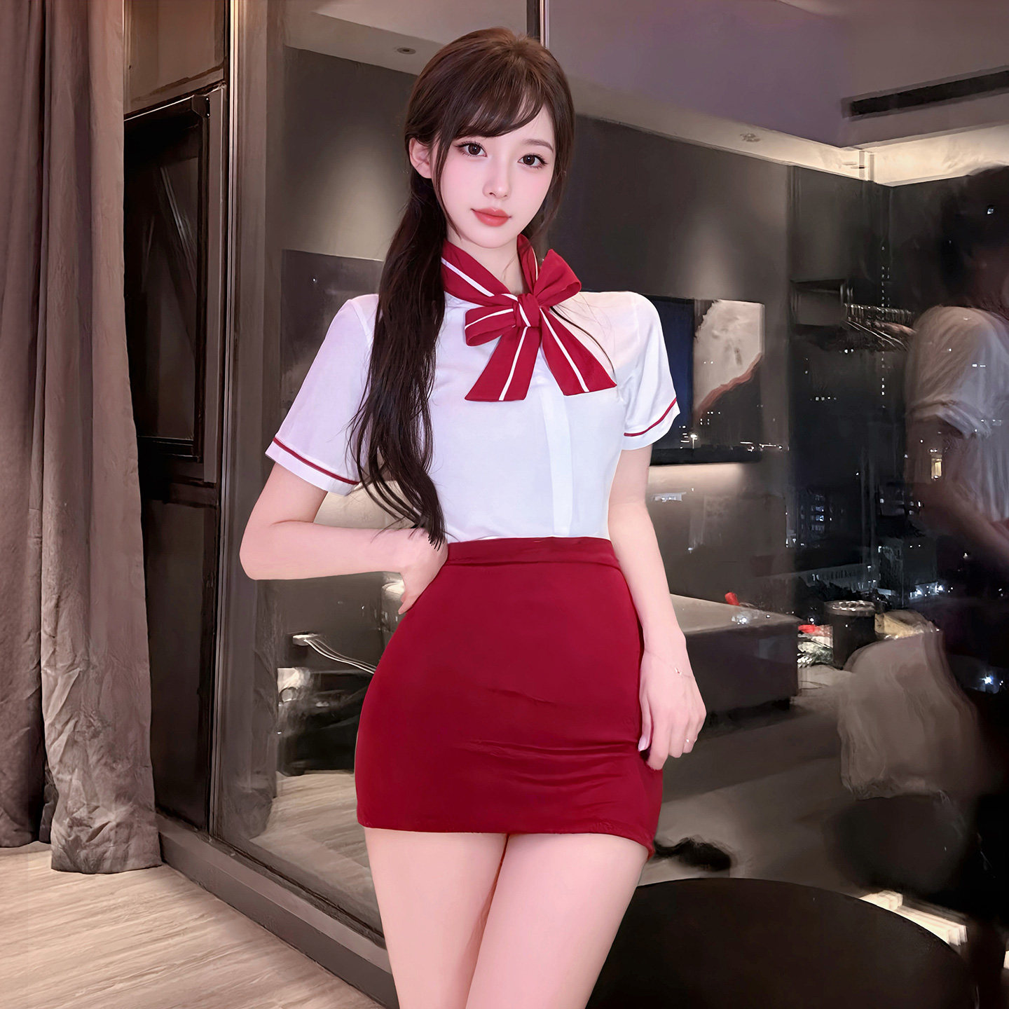 学院风空姐制服套装情趣蝴蝶结领带白衬衫红短裙气质减龄包臀内衣