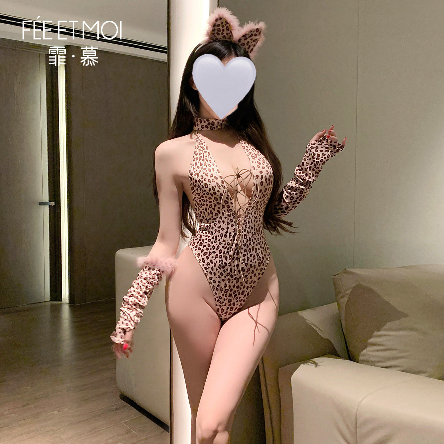 性感豹纹V领连体衣女无袖短裙情侣约会制服恋爱攻速套装情趣睡衣