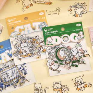穿雨鞋的猫猫狗狗PVC贴纸包可爱线条动物手帐手机壳水杯素材贴画