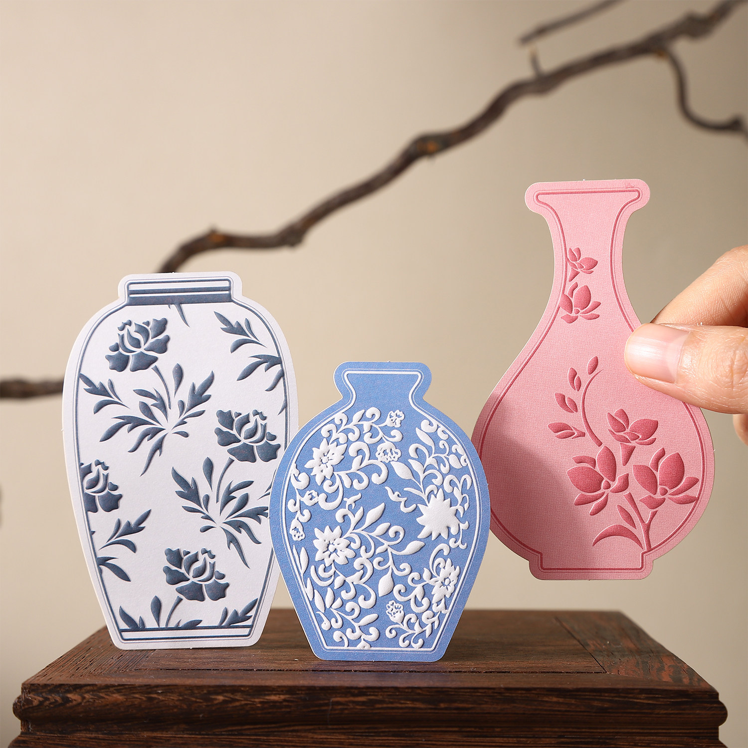 瓶中春秋浮雕贴纸包中国风青花瓶图案卡片装饰手帐拼贴素材贴画