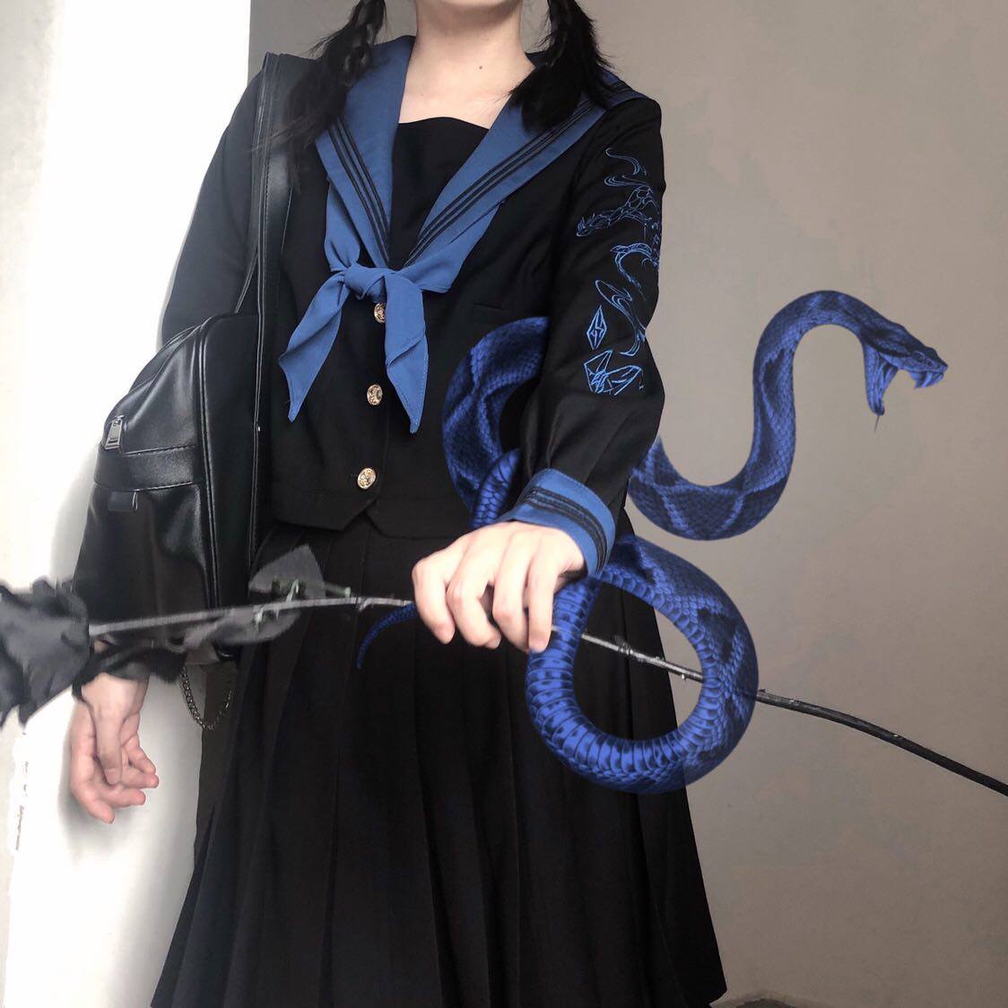 大旅渊蛇原创百鬼夜行系列暗黑不良jk制服正统刺绣水手服蓝色长袖