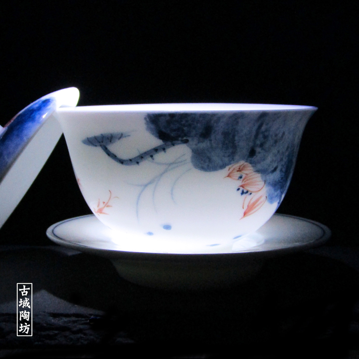 荷花鱼手绘盖碗茶杯高档白瓷盖碗泡茶精品三才碗潮汕功夫茶具整套